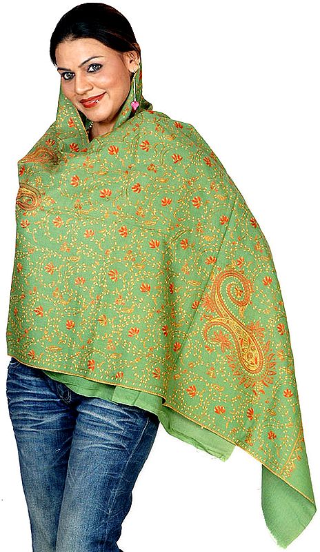 Lime-Green Tusha Stole with All-Over Sozni Embroidery
