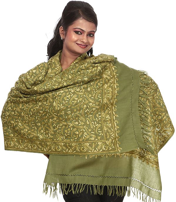 Loden-Frost Stole from Kashmir with Hand Embroidered Paisleys All-Over
