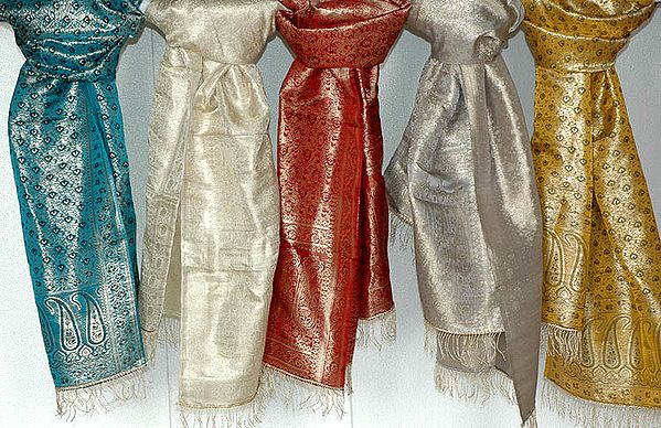Lot of Five Banarasi Brocade Stoles with Tanchoi Weave