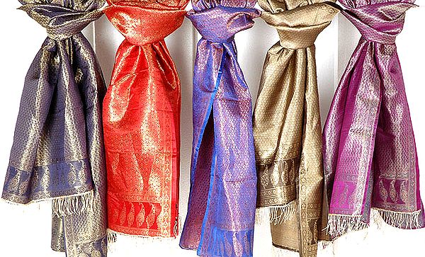 Lot of Five Banarasi Brocaded Stoles with Dense Tanchoi Golden Thread Weave