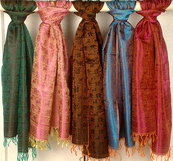 Lot of Five Banarasi Stoles with Wildlife in Weave