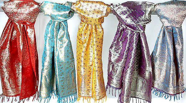 Lot of Five Handwoven Stoles with Tanchoi Weave
