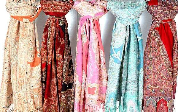 Lot of Five Jamawar Stoles with Beads and Sequins