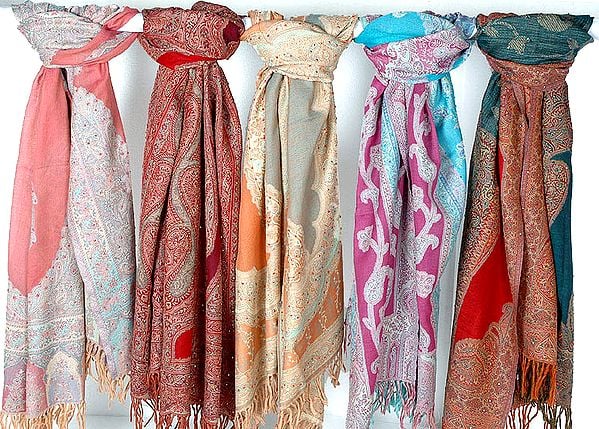 Lot of Five Jamawar Stoles with Sequins