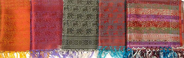Lot of Five Jamawar Stoles with Tanchoi Weave