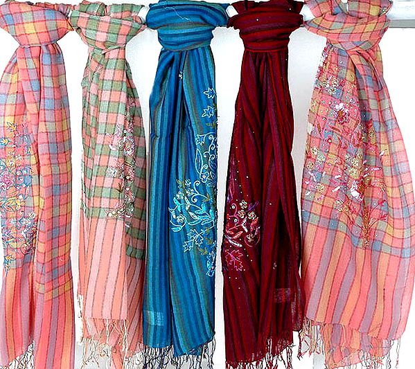 Lot of Five Multi-Color Stoles with Sequins and Embroidery