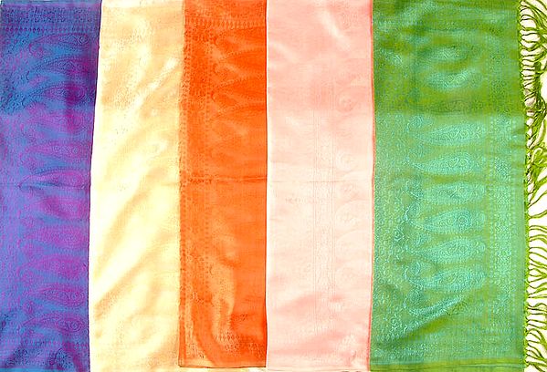 Lot of Five Pure Silk Jamawar Stoles with Tanchoi Weave