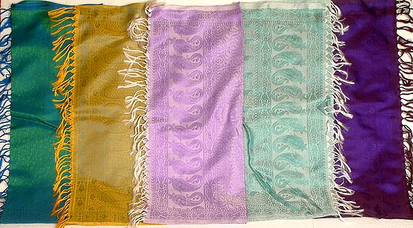 Lot of Five Pure Silk Jamawar Stoles with Tanchoi Weave