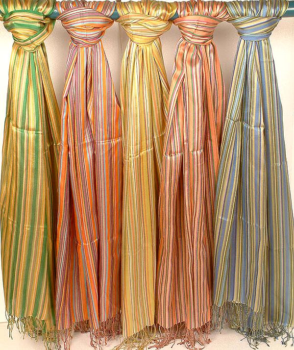 Lot of Five Pure Silk Stoles with Multi-Color Stripes