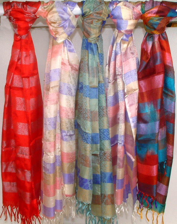 Lot of Five Pure Silk Stoles with Multi-Color Stripes