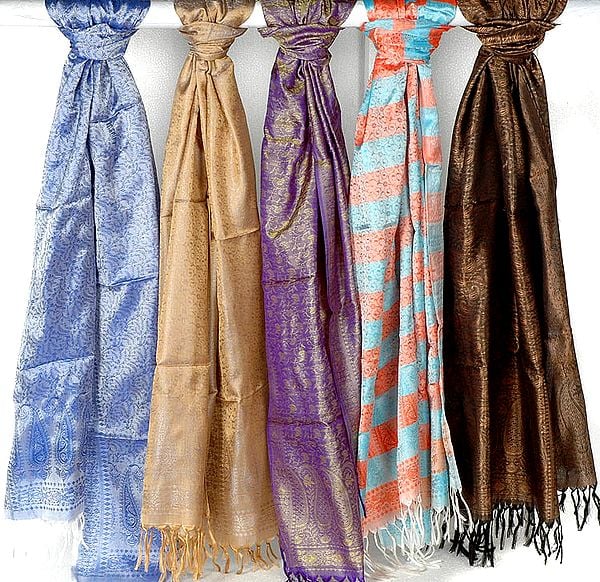 Lot of Five Pure Silk Stoles with Tanchoi Weave