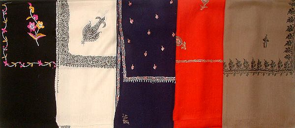Lot of Five Pure Wool Shawls with Embroidery