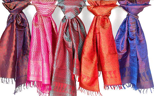 Lot of Five Tanchoi Stoles Hand-Woven in Banaras