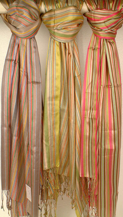 Lot of Five Three Silk Stoles with Multi-Color Stripes