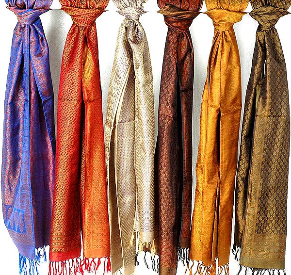 Lot of Six Pure Silk Tanchoi Scarves from Banaras with Double Weave