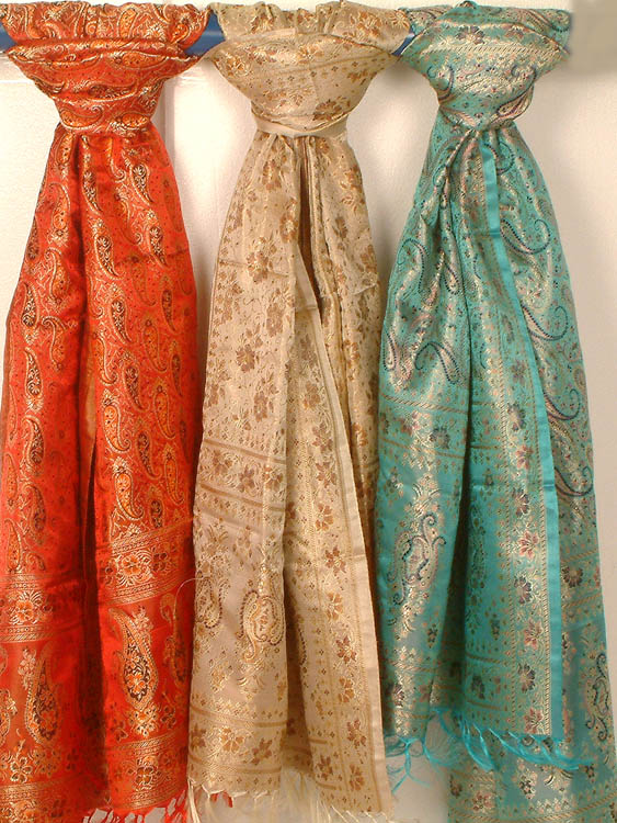 Lot of Three Banarasi Tehra Stoles with All-Over Weave