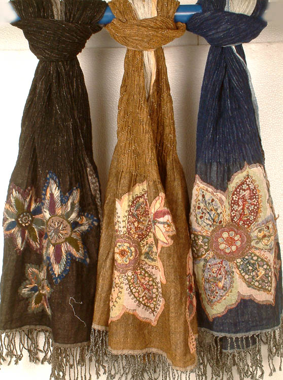 Lot of Three Boiled-Wool Jamawar Stoles with Floral Embroidery