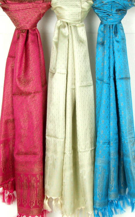 Lot of Three Dohra Stoles with Tanchoi Weave from Banaras