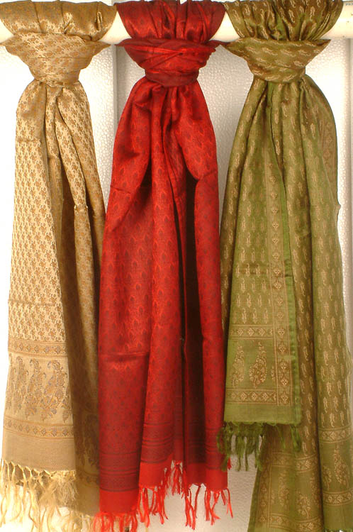 Lot of Three Handwoven Jamdani Stoles with Dense Weave