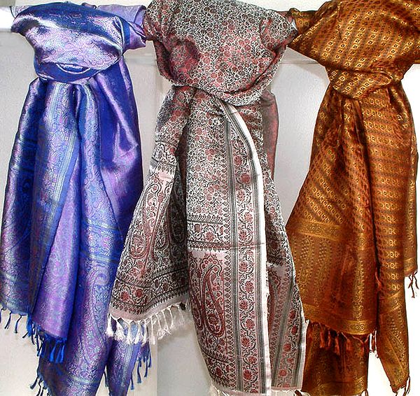 Lot of Three Handwoven Shawls with Tanchoi Weave