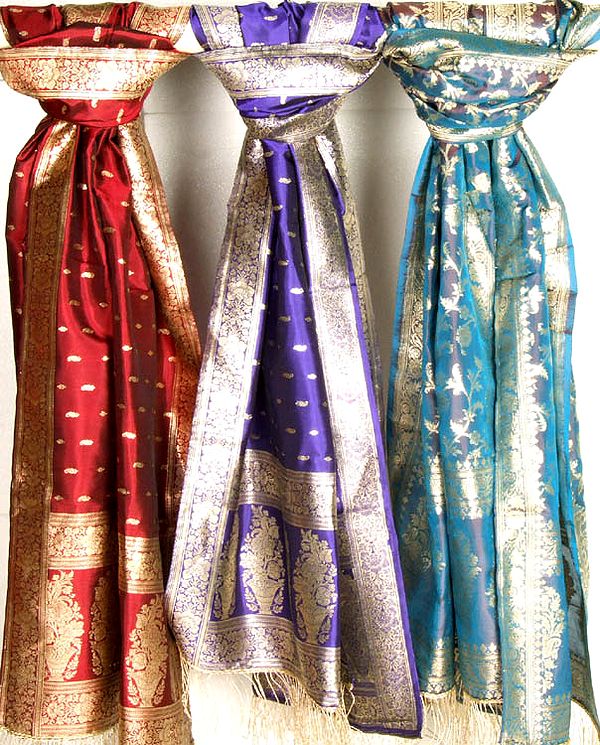 Lot of Three Hand-Woven Stoles from Banaras with All-Over Weave