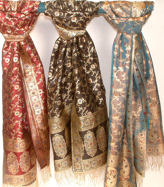 Lot of Three Hand-Woven Stoles from Banaras with Jaal