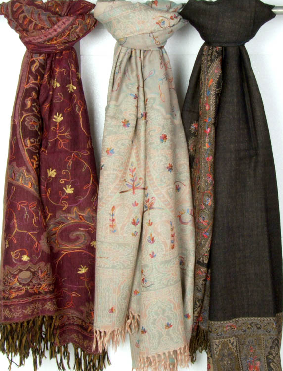 Lot of Three Jamawar Shawls with Embroidery