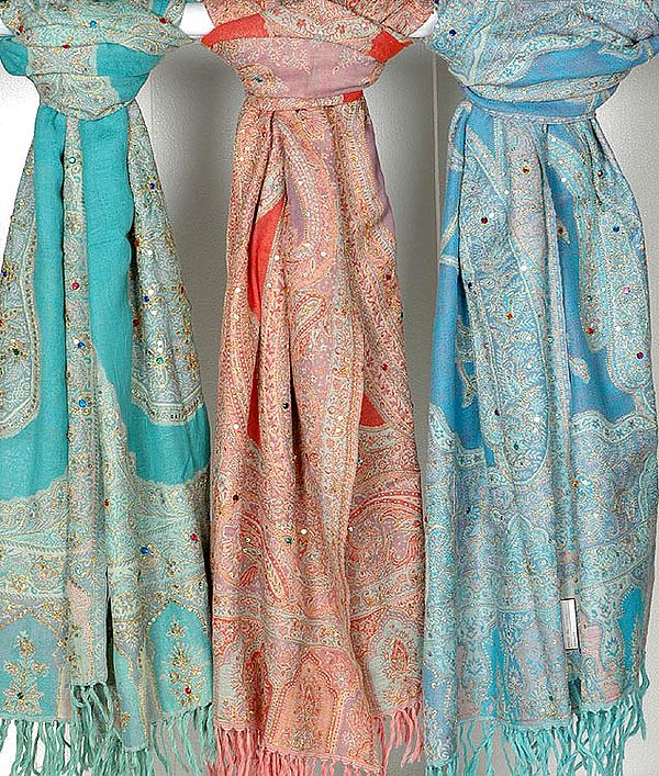 Lot of Three Jamawar Stoles with Beads and Sequins