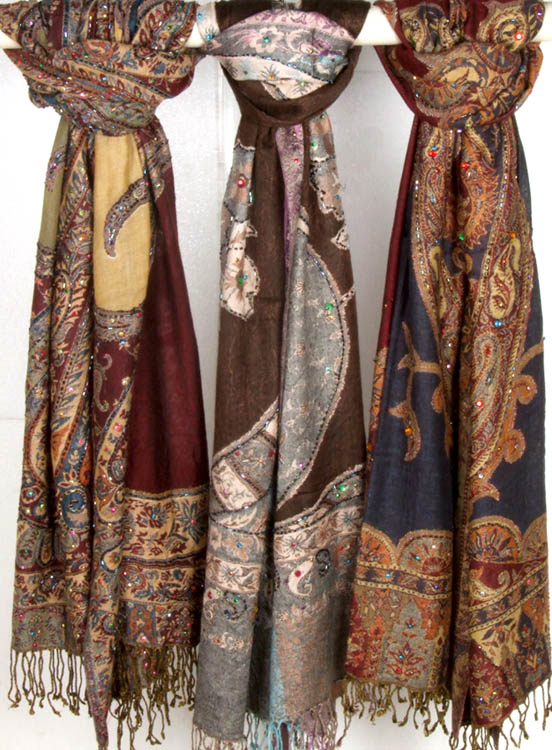 Lot of Three Jamawar Stoles with Beadwork and Sequins