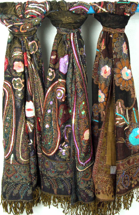 Lot of Three Jamawar Stoles with Beadwork and Sequins