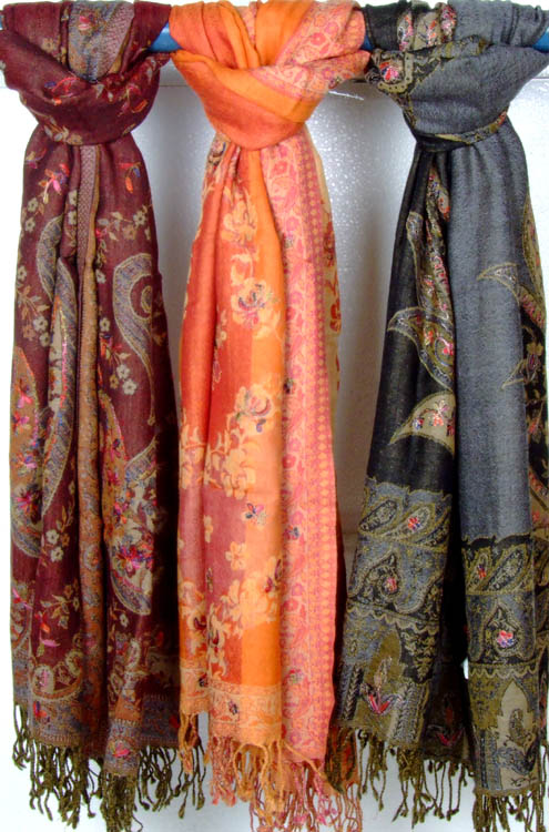 Lot of Three Jamawar Stoles with Floral Embroidery