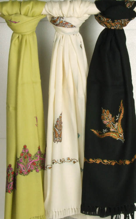 Lot of Three Kashmir Stoles with Double-Sided Needle Stitch Embroidery