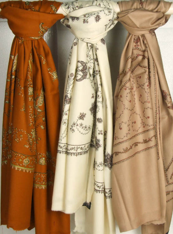 Lot of Three Kashmiri Shawls with Needle Stitch Embroidery by Hand