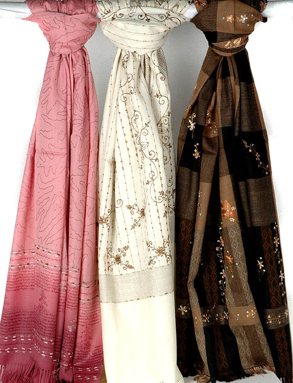 Lot of Three Kullu Shawls with Embroidery and Sequins