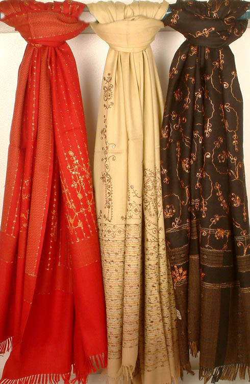 Lot of Three Kullu Shawls with Sequins and Embroidery