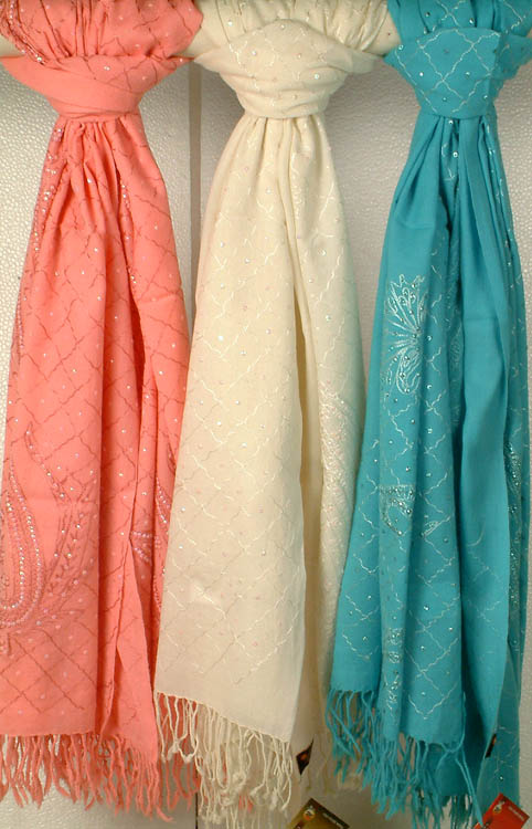 Lot of Three Kullu Stoles with Sequins and Embroidery