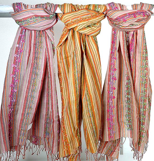 Lot of Three Multi-Color Striped Stoles with Embroidery and Sequins
