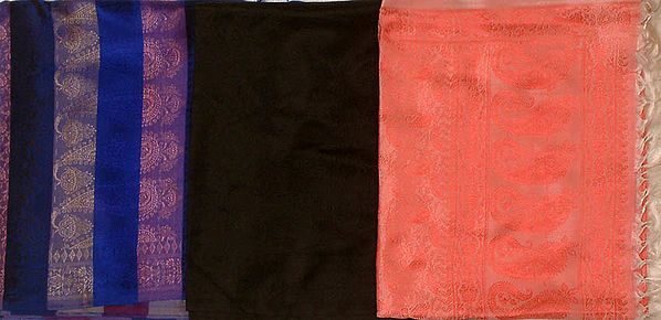 Lot of Three Pure Silk Jamawar Stoles with Tanchoi Weave