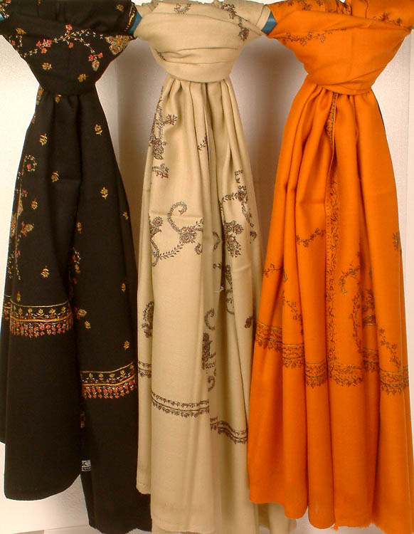 Lot of Three Raffle Shawls with Needle Stitch Embroidery