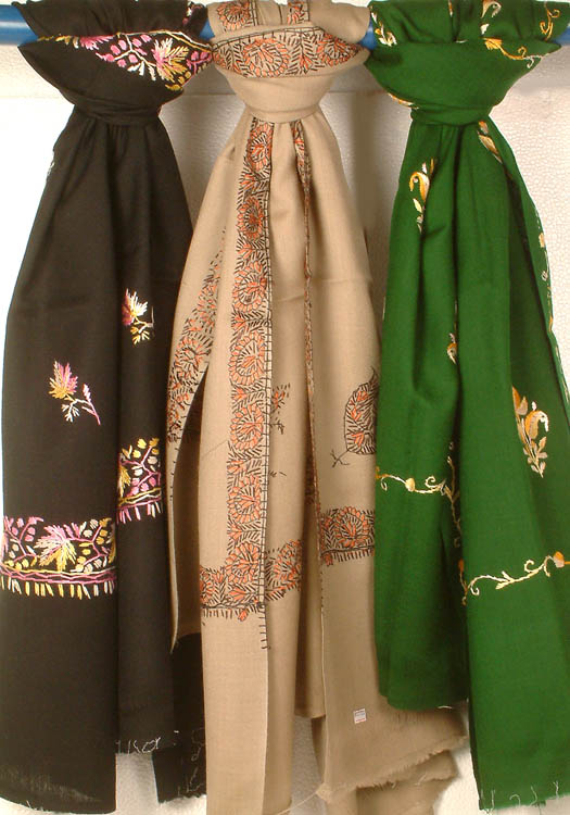 Lot of Three Raffle Shawls with Needle Stitch Embroidery