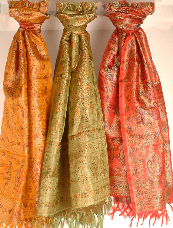 Lot of Three Resham Tehra Banarasi Stoles with Dense Weave