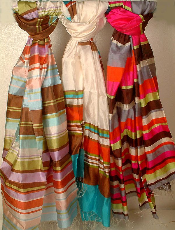 Lot of Three Shawls with Multi-Color Stripes Handwoven in Kolkata