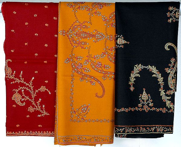 Lot of Three Shawls with Needle Stitch Embroidery