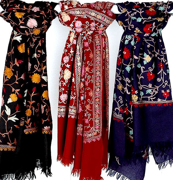 Lot of Three Stoles with All-Over Aari Embroidery from Kashmir