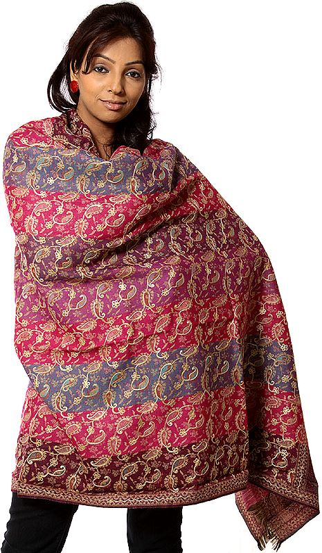 Magenta and Turquoise Jamawar Shawl with All-Over Embroidery