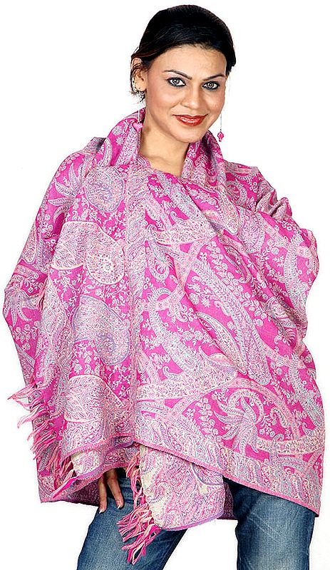 Magenta Reversible Jamawar Shawl with All-Over Woven Paisleys