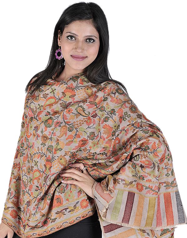 Mahogany-Rose Kani Pure Pashmina Stole with Woven Paisleys and Flowers in Multi-Color Threads