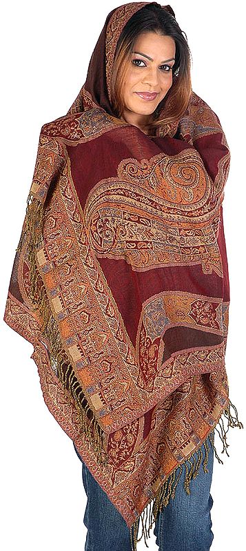 Maroon and Black Jamawar Stole with Stylized Paisleys