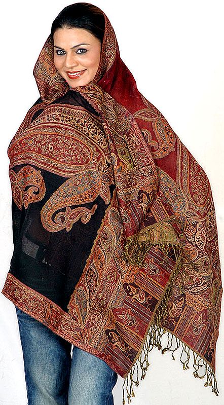 Maroon and Black Jamawar Stole with Woven Paisleys