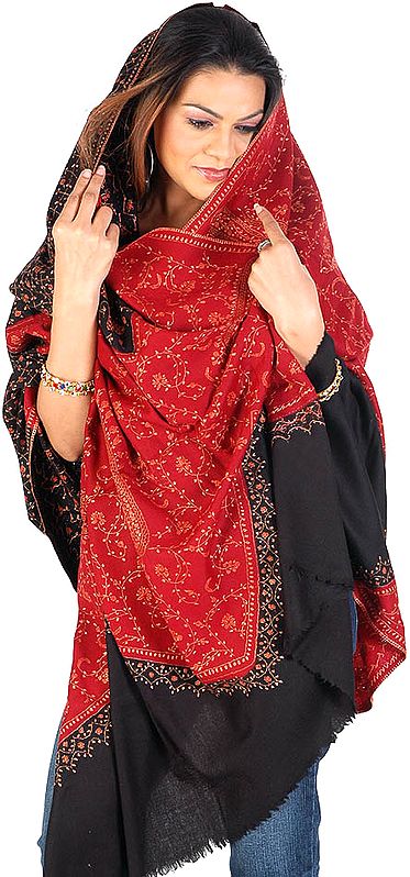 Maroon and Black Tusha Shawl from Kashmir with All-Over Needle Embroidery